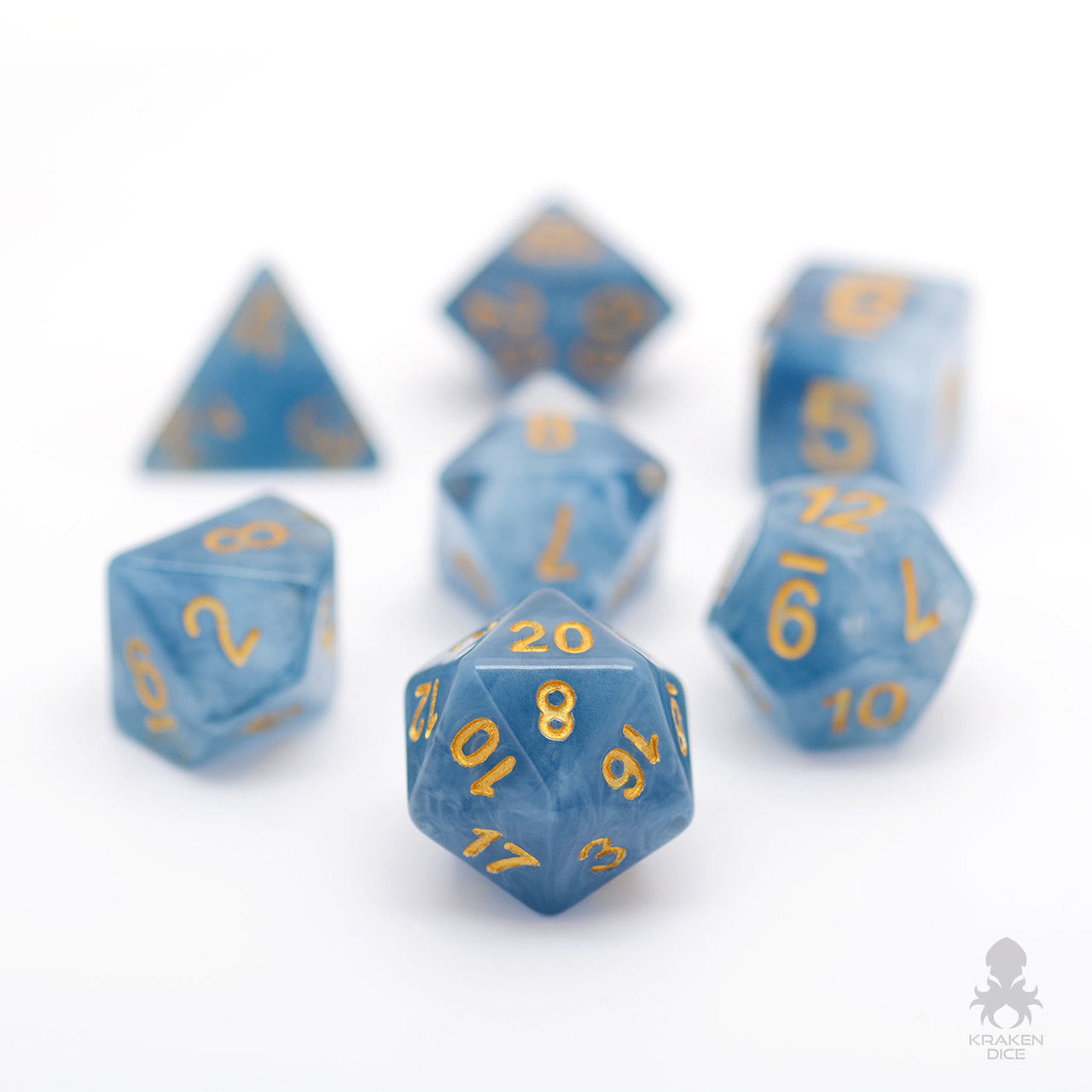 Blue Faux Jade 7pc Dice Set Inked in Gold